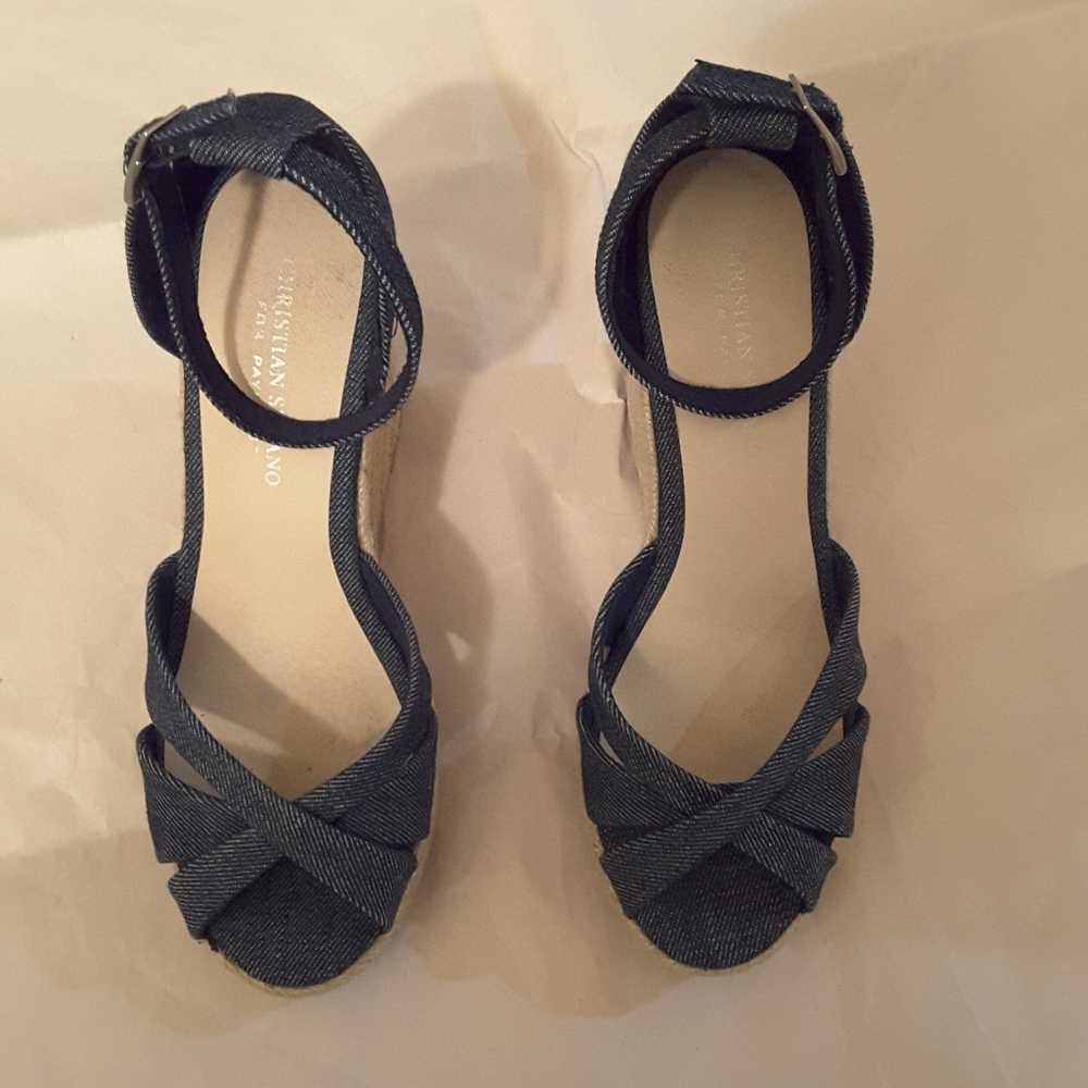Christian Siriano denim and tan wedges